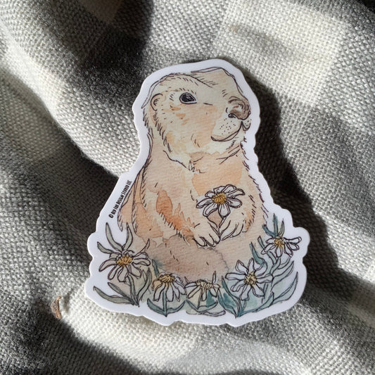 Watercolor Sticker of a prairie dog sitting in a field of daises on top of a plaid flannel background