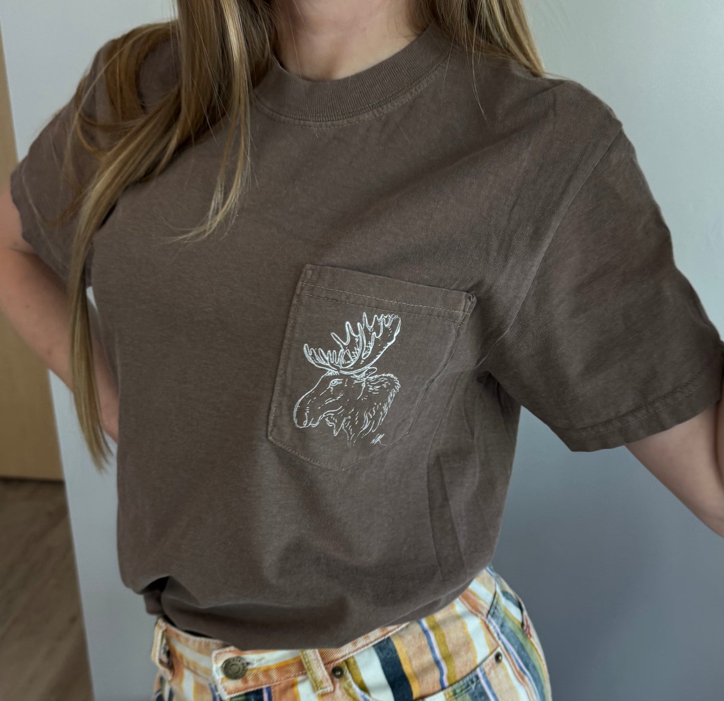 Milk Chocolate Brown Moose Short Sleeve Pocket Tee