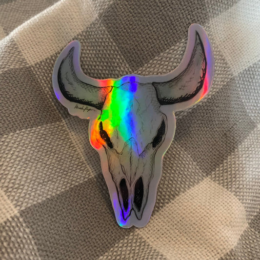 holographic sticker of a cow skull