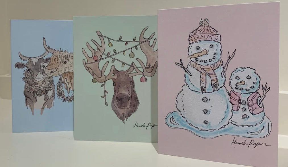 Three greeting cards with winter-themed illustrations on a white background